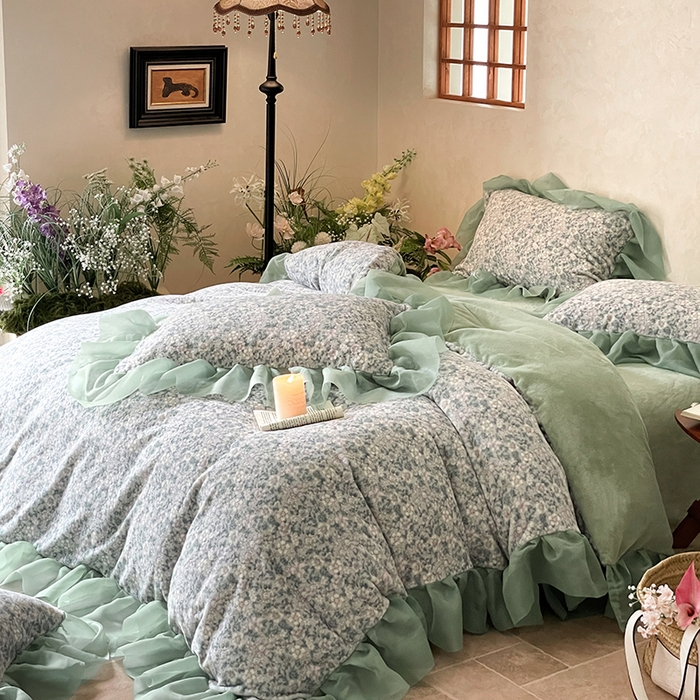 91家纺网 家纺一手货源 找家纺 慕澄家纺 2024新款高克重花边牛奶绒印花四件套 绿蕊