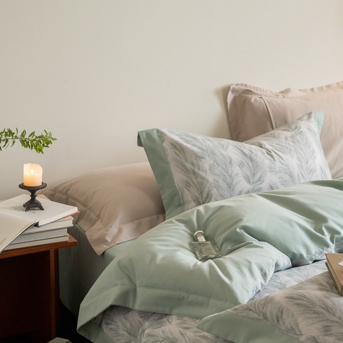 91家纺网 家纺一手货源 找家纺 窝米 2024新款全棉磨毛工艺拼角款四件套系列 羽裳绿