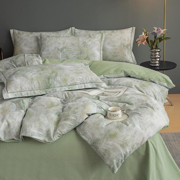 91家纺网 家纺一手货源 找家纺 2024新款全棉加厚长绒棉数码印花四件套 云如月-绿