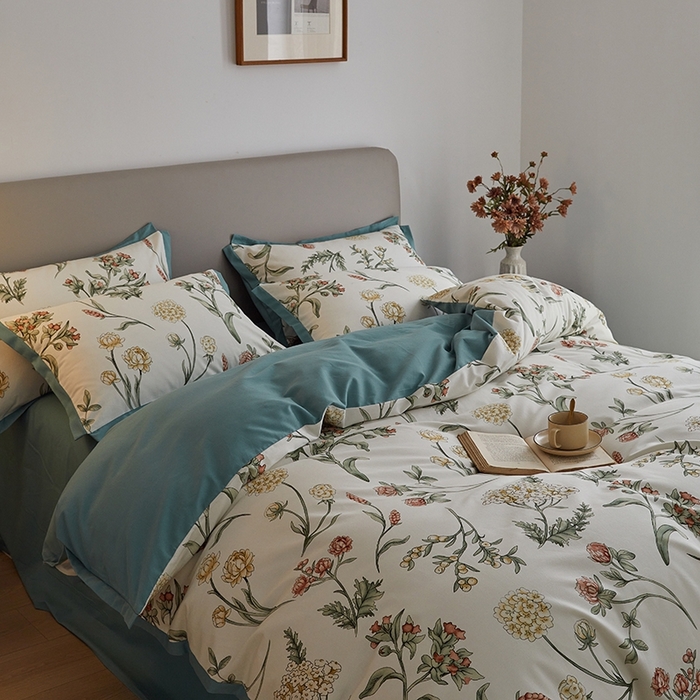 91家纺网 家纺一手货源 找家纺 千朵森 2024新款高定新疆长绒棉全棉印花拼角磨毛四件套 风格二 春晓