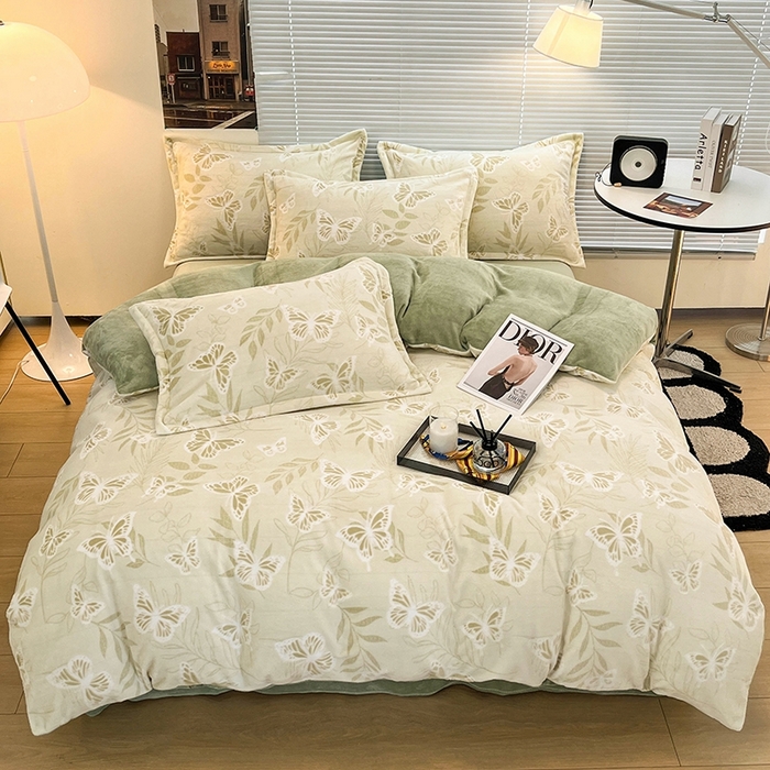 91家纺网 家纺一手货源 找家纺 慕尚 2025新款高克重保暖双色雕花绒四件套 蝴蝶-绿