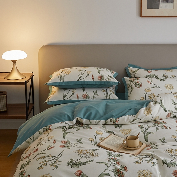 91家纺网 家纺一手货源 找家纺 千朵森 2024新款高定新疆长绒棉全棉印花拼角磨毛四件套 风格二 春晓