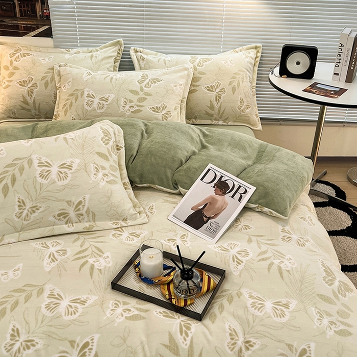 91家纺网 家纺一手货源 找家纺 慕尚 2025新款高克重保暖双色雕花绒四件套 蝴蝶-绿