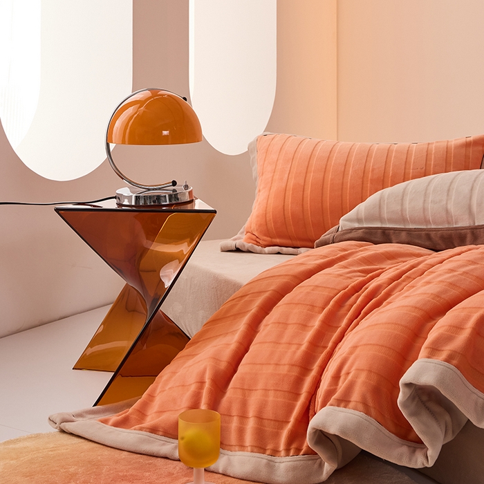 91家纺网 家纺一手货源 找家纺 LADYCOCO可可家居 2024新款牛奶3D绒立体雕花剪花单品系列-单被套 橘色+卡其色