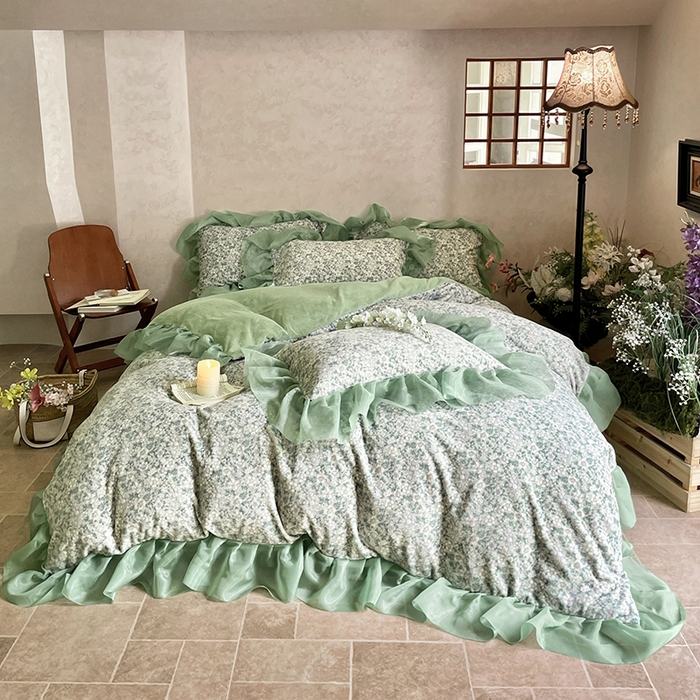 91家纺网 家纺一手货源 找家纺 慕澄家纺 2024新款高克重花边牛奶绒印花四件套 绿蕊