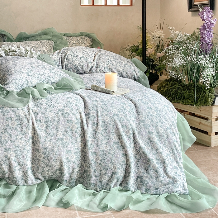 91家纺网 家纺一手货源 找家纺 慕澄家纺 2024新款高克重花边牛奶绒印花四件套 绿蕊