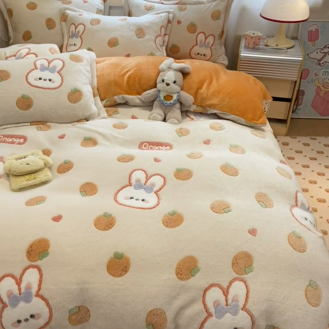 91家纺网 家纺一手货源 找家纺 川悦生活 2024新款雪花绒印花单被套系列-夜景 橘兔