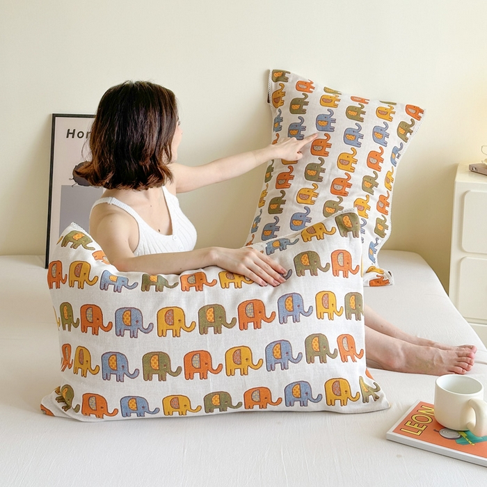 91家纺网 家纺一手货源 找家纺 朴尔家纺-毛巾被 2024新款防滑半包可调节暗扣魔术全棉三层纱布枕巾 多彩小象-米白53*110cm/对