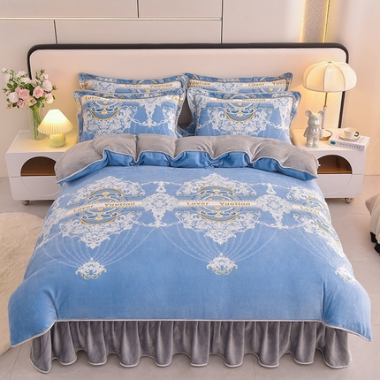 富之航 2024新款8-9斤高克重印花牛奶绒四件套保暖绒套件直播爆款欧式经典