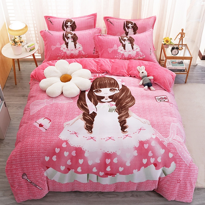 91家纺网 家纺一手货源 找家纺 宝薇 2024新款加厚牛奶绒大版卡通四件套 公主日记