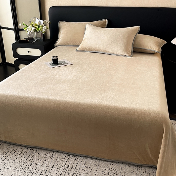 91家纺网 家纺一手货源 找家纺 全季家居 2024新款A类纯色印花高克重加厚保暖包边牛奶绒床单单件 暖驼