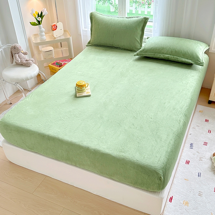 91家纺网 家纺一手货源 找家纺 家贝爱 2024新款加厚保暖牛奶绒床笠 纯色抹茶绿