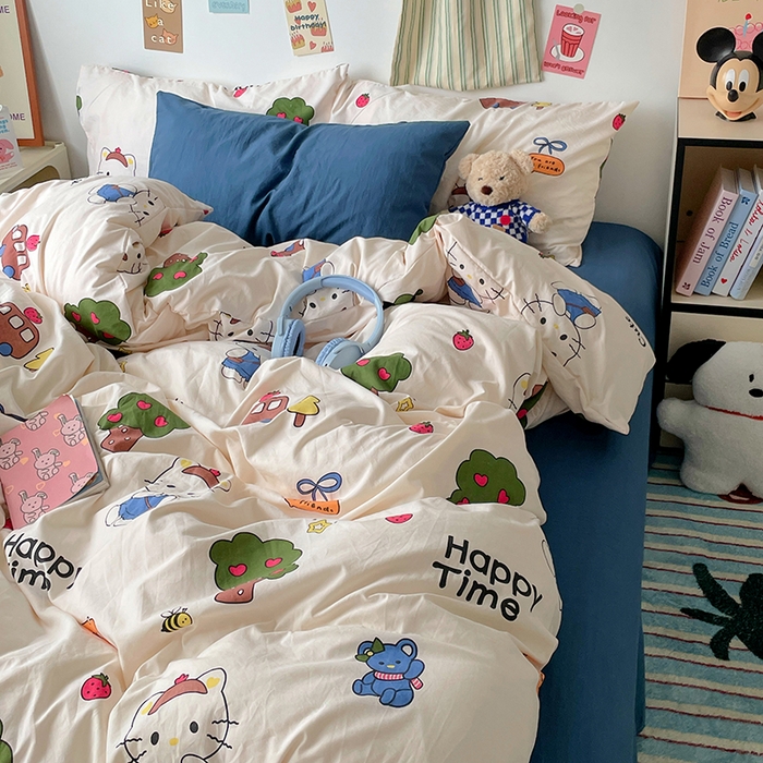 91家纺网 家纺一手货源 找家纺 卡迪熊家纺 2024新款小清新水洗m混搭四件套 可爱KT猫