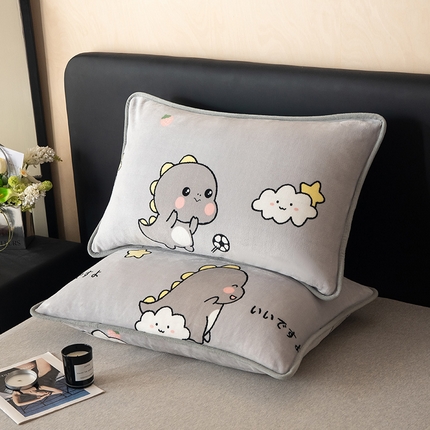 91家纺网 家纺一手货源 找家纺 全季家居 2024新款A类纯色印花高克重加厚保暖包边牛奶绒枕套 快乐恐龙