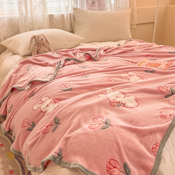 91家纺网 家纺一手货源 找家纺 慕尚家纺 2025新款高克重加厚雪花绒毛毯毯子 粉白兔