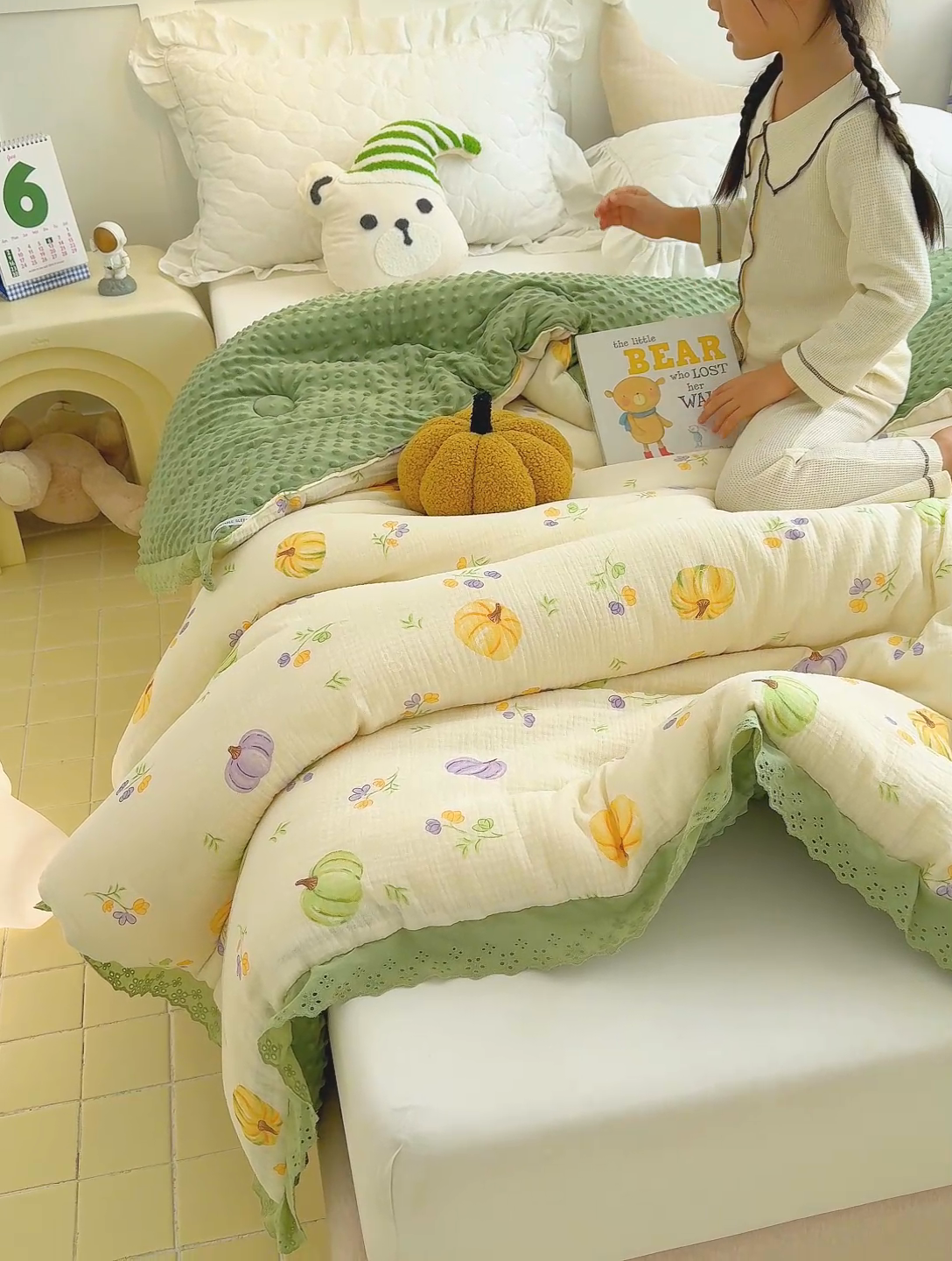 91家纺网 家纺一手货源 找家纺 芯恋家居 2025新款全棉皱皱纱双层纱豆豆被大豆被 七彩南瓜