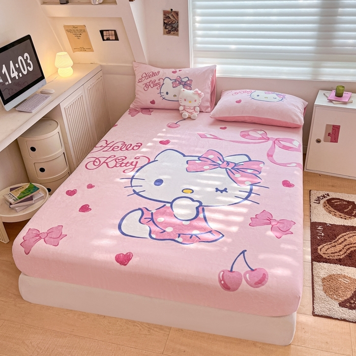 91家纺网 家纺一手货源 找家纺 金爱家 2024新款大阪单品牛奶绒床笠 绒-D爱心蝴蝶kt