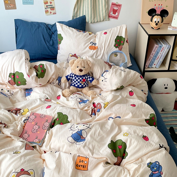 91家纺网 家纺一手货源 找家纺 卡迪熊家纺 2024新款小清新水洗m混搭四件套 可爱KT猫