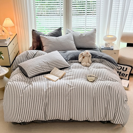 恩和 2024新款水洗棉提花拼牛奶绒套件 灰白条