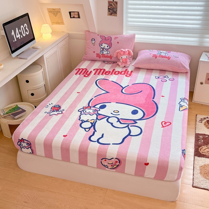 91家纺网 家纺一手货源 找家纺 金爱家 2024新款大阪单品牛奶绒床笠 绒-D草莓冰淇淋美乐蒂