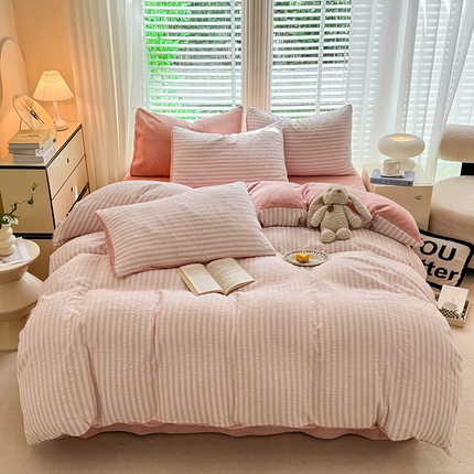 恩和 2024新款水洗棉提花拼牛奶绒套件 粉白条