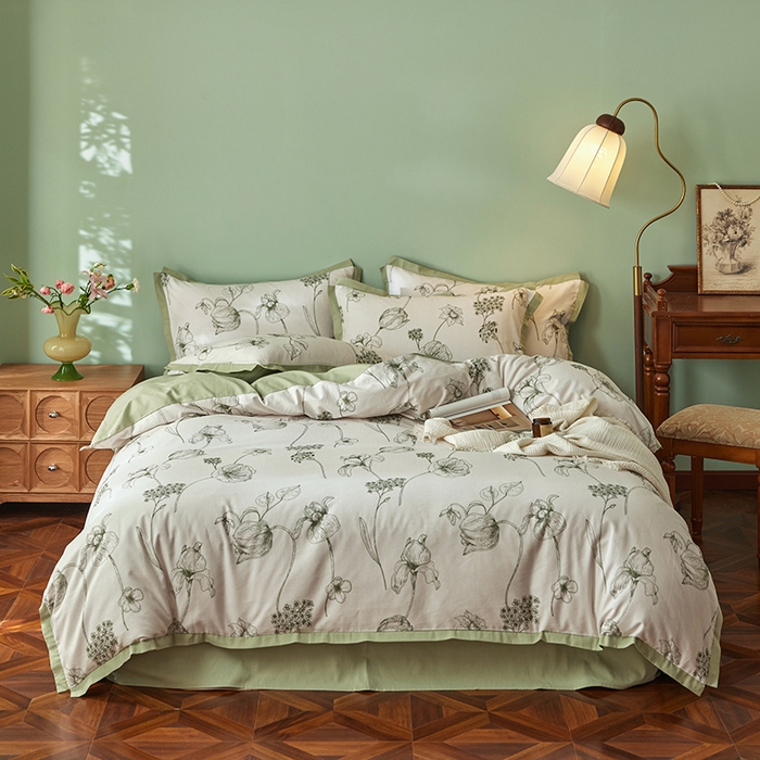 91家纺网 家纺一手货源 找家纺 千朵森 2024新款全棉拼角磨毛四件套-风格一 花拾光