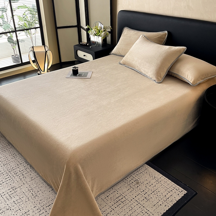 91家纺网 家纺一手货源 找家纺 全季家居 2024新款A类纯色印花高克重加厚保暖包边牛奶绒床单单件 暖驼