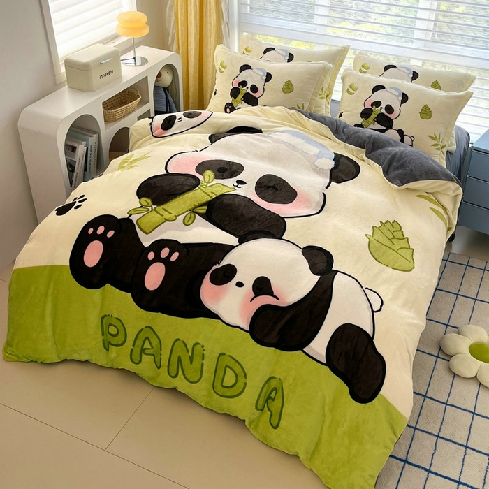 91家纺网 家纺一手货源 找家纺 宝薇 2024新款加厚牛奶绒大版卡通四件套 大熊猫绒