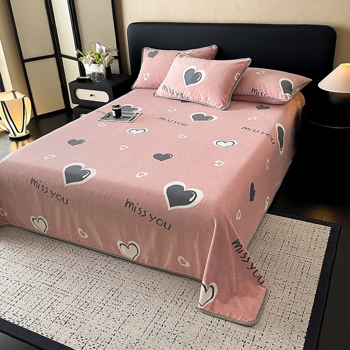 91家纺网 家纺一手货源 找家纺 全季家居 2024新款A类纯色印花高克重加厚保暖包边牛奶绒床单单件 甜心