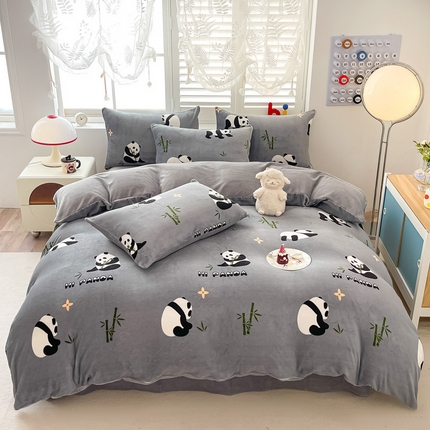 鸿羽樱（鸿羽樱）家纺 2024新款牛奶绒印花田园小清新儿童三件套四件套 竹子小熊