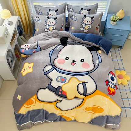 宝薇 2024新款加厚牛奶绒大版卡通四件套 太空狗绒