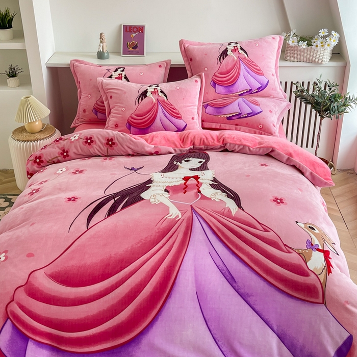 91家纺网 家纺一手货源 找家纺 宝薇 2024新款加厚牛奶绒大版卡通四件套 桃花公主