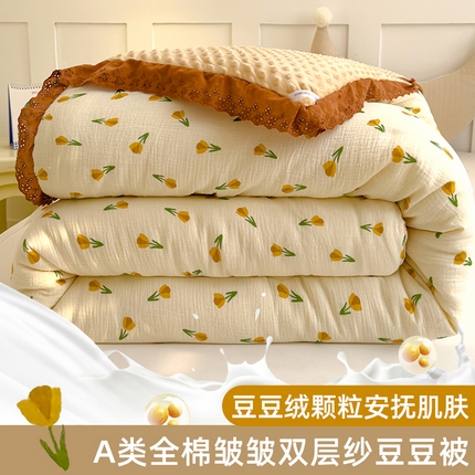 芯恋家居 2025新款全棉皱皱纱双层纱豆豆被大豆被 花漾