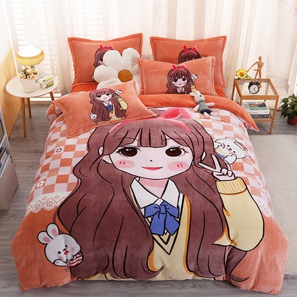 91家纺网 家纺一手货源 找家纺 宝薇 2024新款加厚牛奶绒大版卡通四件套 小甜心