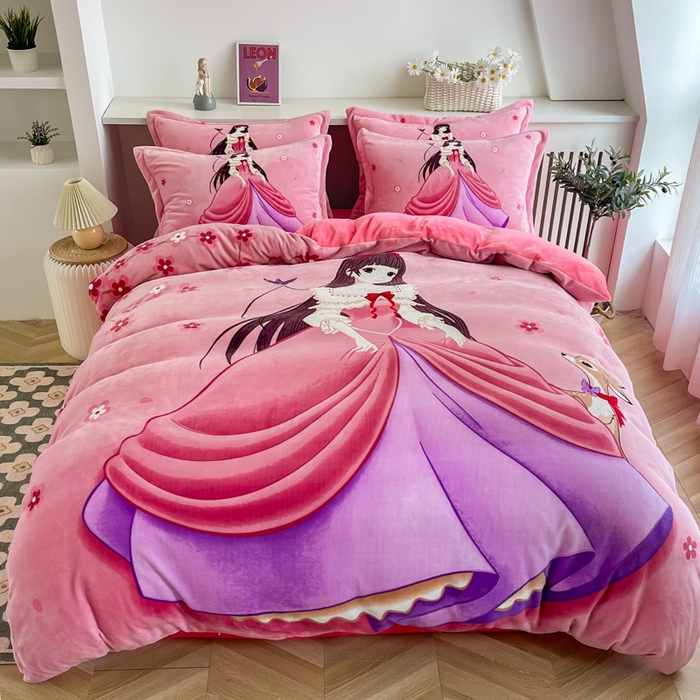 91家纺网 家纺一手货源 找家纺 宝薇 2024新款加厚牛奶绒大版卡通四件套 桃花公主