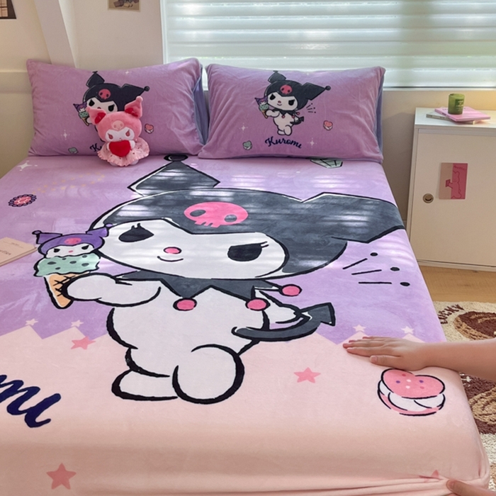 91家纺网 家纺一手货源 找家纺 金爱家 2024新款大阪单品牛奶绒床笠 绒-D冰淇淋甜心库洛米