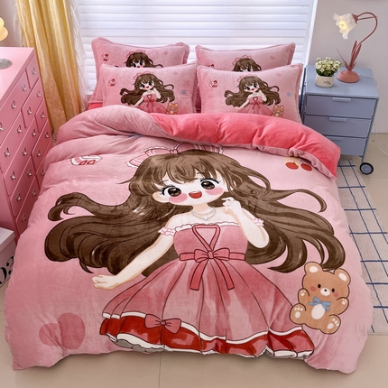 宝薇 2024新款加厚牛奶绒大版卡通四件套 美少女绒