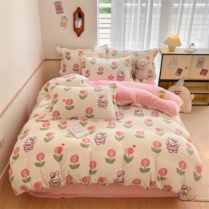 91家纺网 家纺一手货源 找家纺 寻米 2024新款印花牛奶绒四件套 郁香小兔