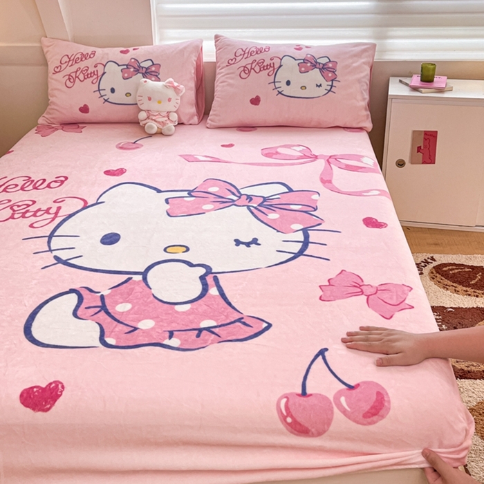 91家纺网 家纺一手货源 找家纺 金爱家 2024新款大阪单品牛奶绒床笠 绒-D爱心蝴蝶kt