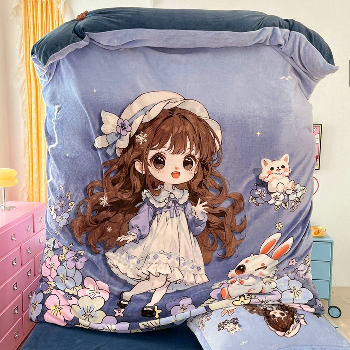 91家纺网 家纺一手货源 找家纺 宝薇 2024新款加厚牛奶绒大版卡通四件套 甜心公主绒