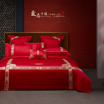 91家纺网 家纺一手货源 找家纺 玖玖爱家纺 2024新款100支双股长绒棉提花刺绣婚庆四件套 爱恋千禧