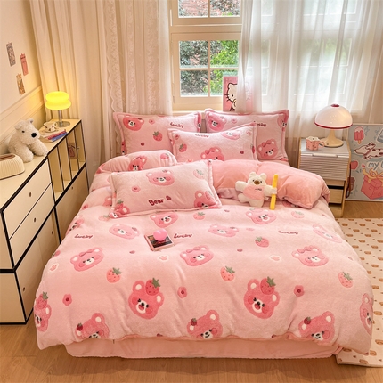 91家纺网 家纺一手货源 找家纺 川悦生活 2024新款雪花绒印花单被套系列-夜景 甜系粉熊