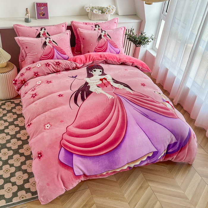 91家纺网 家纺一手货源 找家纺 宝薇 2024新款加厚牛奶绒大版卡通四件套 桃花公主