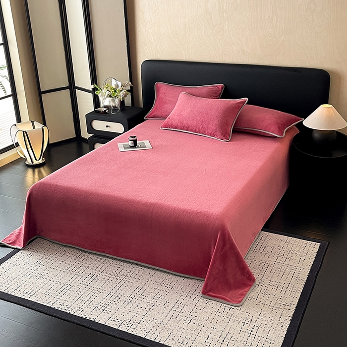 91家纺网 家纺一手货源 找家纺 全季家居 2024新款A类纯色印花高克重加厚保暖包边牛奶绒床单单件 豆沙