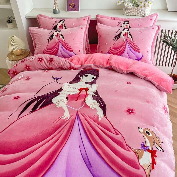 91家纺网 家纺一手货源 找家纺 宝薇 2024新款加厚牛奶绒大版卡通四件套 桃花公主