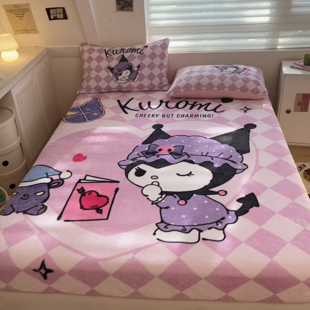 91家纺网 家纺一手货源 找家纺 金爱家 2024新款大阪单品牛奶绒床笠 绒-D晚安库洛米