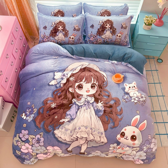 91家纺网 家纺一手货源 找家纺 宝薇 2024新款加厚牛奶绒大版卡通四件套 甜心公主绒