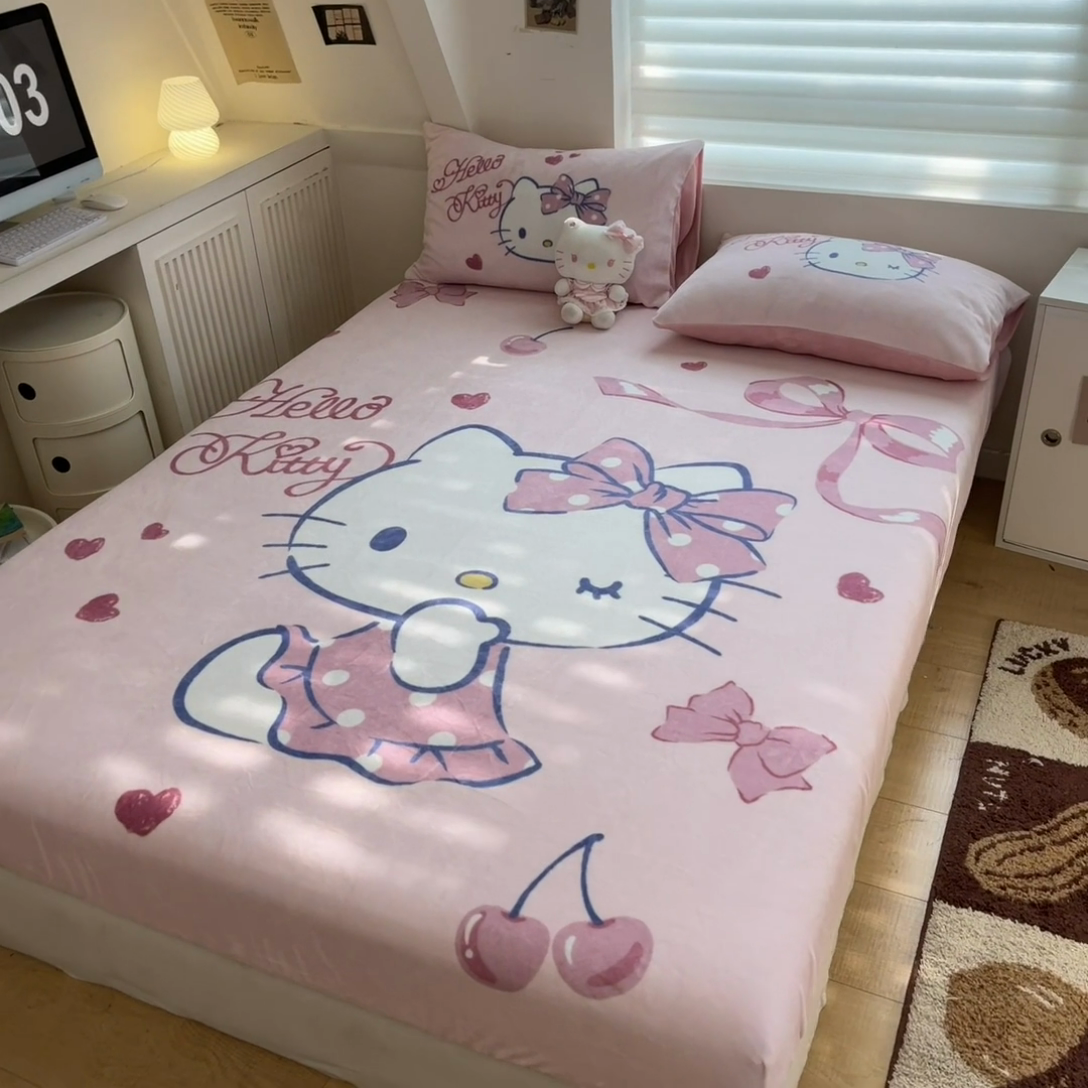 91家纺网 家纺一手货源 找家纺 金爱家 2024新款大阪单品牛奶绒床笠 绒-D爱心蝴蝶kt