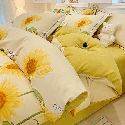 91家纺网 家纺一手货源 找家纺 2024直播爆款全棉磨毛喷气印花加厚保暖四件套（一字绣） 全棉磨毛-向日葵
