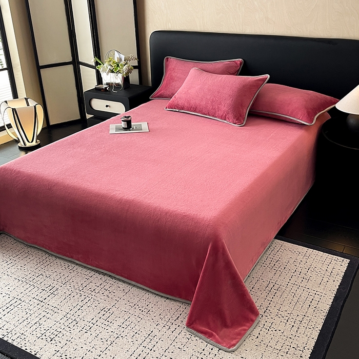 91家纺网 家纺一手货源 找家纺 全季家居 2024新款A类纯色印花高克重加厚保暖包边牛奶绒床单单件 豆沙